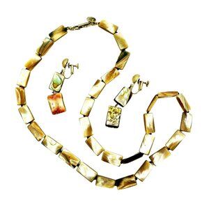 Les Bernard Iridescent Abalone Shell Necklace Clip Earrings Set